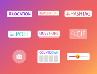 Social media icons stories. Icons of the history of social networks. Questions, polls, locations, hashtags, countdown time in social networks.