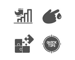 Set of Blood donation, Growth chart and Puzzle icons. Tips sign. Injury, Diagram graph, Engineering strategy. Quick tricks.  Classic design blood donation icon. Flat design. Vector