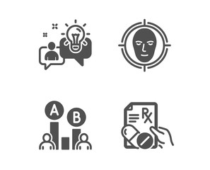 Set of Idea, Ab testing and Face detect icons. Prescription drugs sign. Solution, Test chart, Select target. Pills.  Classic design idea icon. Flat design. Vector