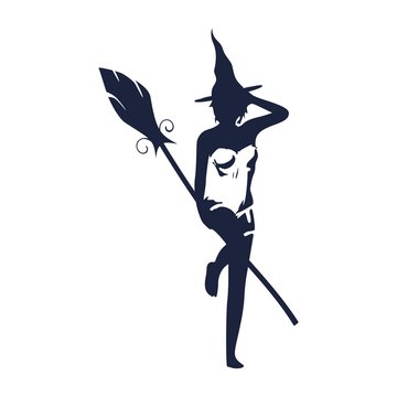 Illustration of standing young witch icon. Witch silhouette with a broomstick. Halloween relative image