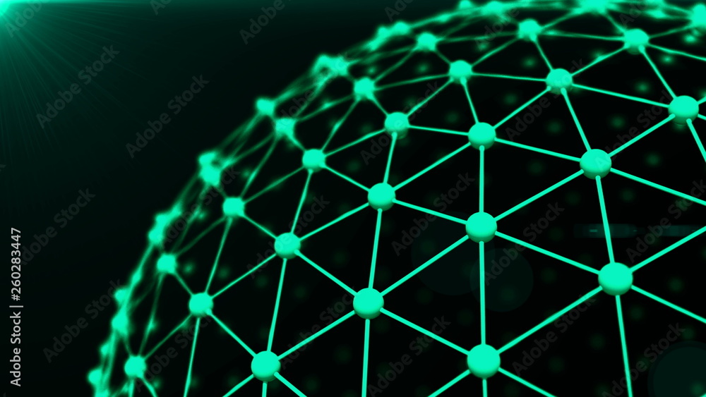 Poster network, surface of atom model, close up view, business or science concept, 3d rendering computer ge