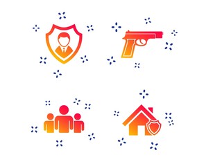 Security agency icons. Home shield protection symbols. Gun weapon sign. Group of people or Share. Random dynamic shapes. Gradient security icon. Vector