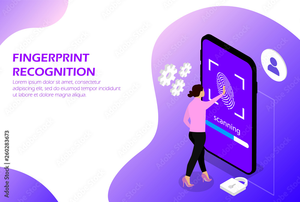 Poster fingerprint recognition. fingerprint scan. human. isometric.