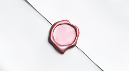 Blank red wax stamp on paper envelope mockup, top view, depth of field, 3d rendering. Empty antique waxseal for mail mock up. Clear postal symbol for secure message template.