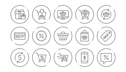 Shopping bag line icons. Gift, Present and Sale discount. Delivery linear icon set. Line buttons with icon. Editable stroke. Vector