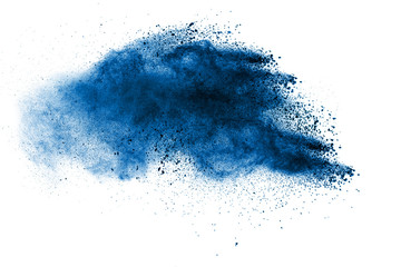Black particles splatter on white background. Black powder dust burst.