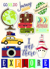 Travel elements icons stickers with logos and sayings in a cartoon vintage style  vector illustration full editable