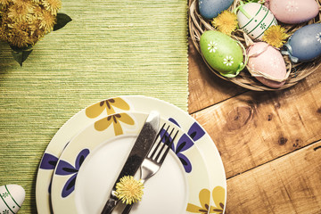 Easter table setting with spring flowers