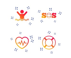 SOS lifebuoy icon. Heartbeat cardiogram symbol. Swimming sign. Man drowns. Random dynamic shapes. Gradient sos icon. Vector