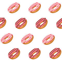 Seamless vector pattern with glazed pink donuts isolated on white. Sweet Pattern can be used for wallpaper, web page, surface textures, package. Food design