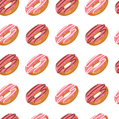 Seamless vector pattern with glazed pink donuts isolated on white. Sweet Pattern can be used for wallpaper, web page, surface textures, package. Food design