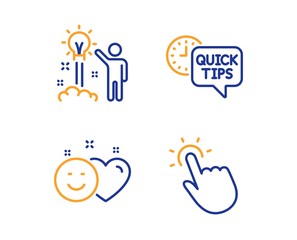 Creative idea, Smile and Quick tips icons simple set. Touchpoint sign. Startup, Social media like, Helpful tricks. Touch technology. Technology set. Linear creative idea icon. Colorful design set