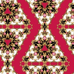 Seamless jewelry pattern with gems and golden scrolls
