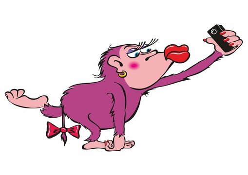 Cartoon monkey character makes a selfie. Vector illustration.