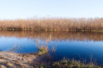 Autumn day in Arkhangelsk. Island Krasnoflotsky. the reflection in the water