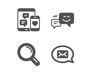 Set of Happy emotion, Research and Social media icons. Messenger sign. Web chat, Magnifying glass, Mobile devices. New message.  Classic design happy emotion icon. Flat design. Vector
