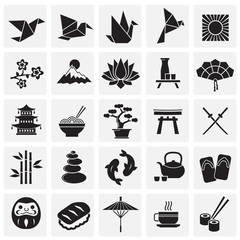 Japan related icons set on squares background for graphic and web design. Simple vector sign. Internet concept symbol for website button or mobile app.