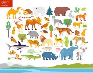 Vector flat illustration of Europe & Asia landscape, animals, plants: polar bear, moose, squirrel, wolf, elephant, tiger, rhino, crocodile, jaguar. For infographics, children book, alphabet, banners.
