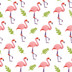 Naklejka premium Vector flat tropical seamless pattern with hand drawn jungle monstera plants flamingo birds isolated on white background. Good for packaging paper, cards, wallpapers, gift tags, nursery decor etc.