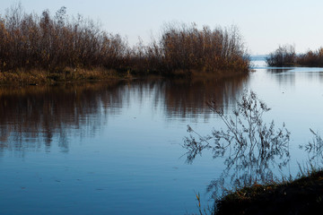 Fototapeta premium Autumn day in Arkhangelsk. Island Krasnoflotsky. the reflection in the water