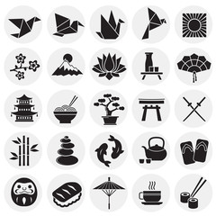 Japan related icons set on circles background for graphic and web design. Simple vector sign. Internet concept symbol for website button or mobile app.