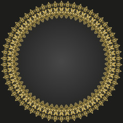 Oriental round frame with arabesques and floral elements. Floral round golden border with vintage pattern. Greeting card with place for text