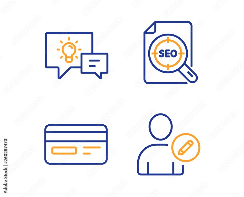 Poster idea lamp, seo file and credit card icons simple set. edit user sign. business energy, search docume