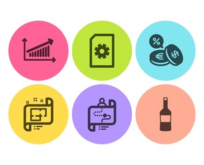 Currency exchange, Journey path and File management icons simple set. Chart, Architectural plan and Wine signs. Euro and usd, Project process. Flat currency exchange icon. Circle button. Vector