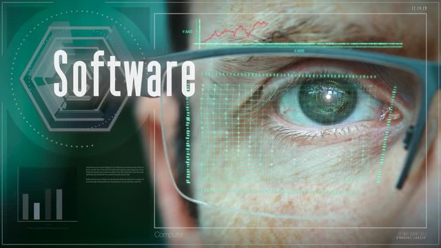 A close up of a businessman eye controlling a futuristic computer system with a Software Business concept.