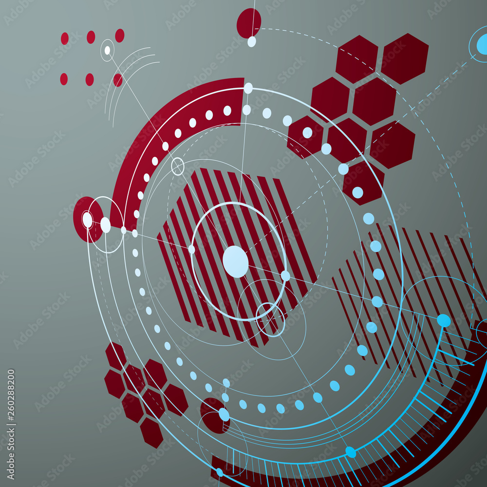 Poster bauhaus art, perspective modular vector wallpaper made using circles and lines. retro style red patt
