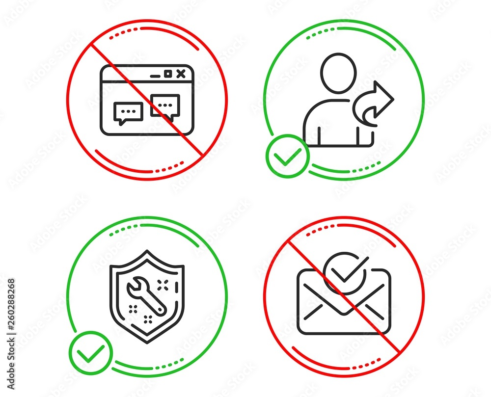 Poster do or stop. spanner, browser window and refer friend icons simple set. approved mail sign. repair se