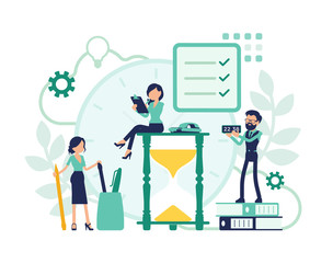 Time management, giant hourglass clocks and business people. Managers control employees working well, do tasks productively, spend hours in office. Vector abstract illustration with faceless character
