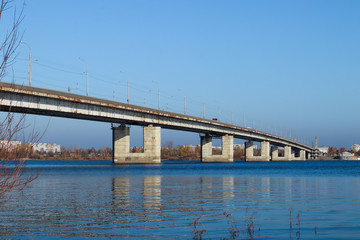 Autumn day in Arkhangelsk. View of the river Northern Dvina and automobile bridge in Arkhangelsk.