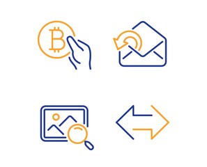 Search photo, Bitcoin pay and Send mail icons simple set. Sync sign. Find image, Cryptocurrency coin, Sent message. Synchronize. Technology set. Linear search photo icon. Colorful design set. Vector