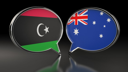 Libya and Australia flags with Speech Bubbles. 3D Illustration