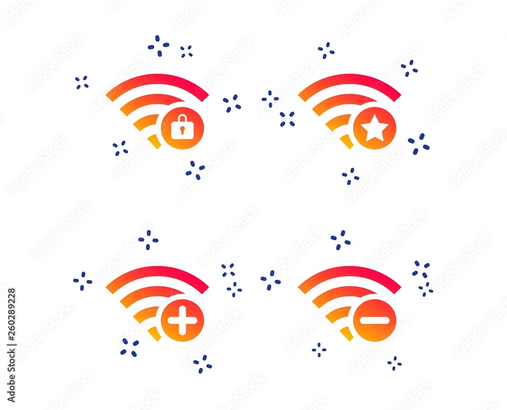 Poster wifi wireless network icons. wi-fi zone add or remove symbols. favorite star sign. password protecte