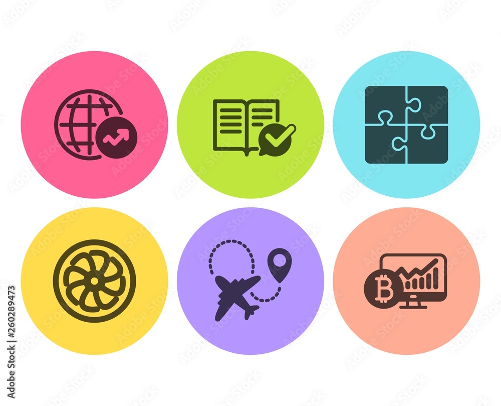 Poster approved documentation, airplane and fan engine icons simple set. world statistics, puzzle and bitco