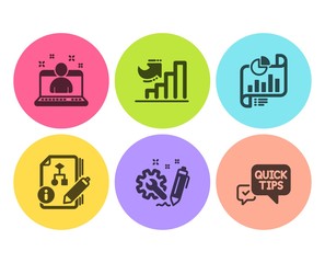 Report document, Algorithm and Engineering icons simple set. Growth chart, Best manager and Quick tips signs. Growth chart, Project. Science set. Flat report document icon. Circle button. Vector