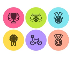 Winner, Honor and Reward icons simple set. Laureate medal, Bicycle parking and Best rank signs. Sports achievement, Medal. Sports set. Flat winner icon. Circle button. Vector