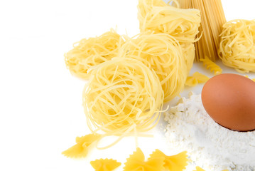 different types of paste, preparation ingredients, eggs, flour.