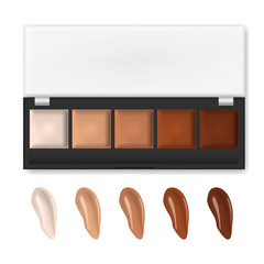 Makeup concealer palette with smear samples isolated on white background, realistic illustration. Vector template