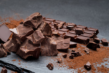 Dark or milk organic chocolate pieces on dark concrete backgound