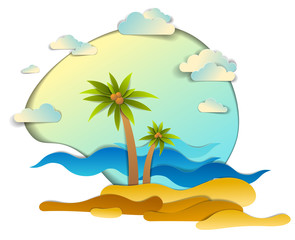 Fototapeta na wymiar Beach with palms, sea waves perfect seascape, clouds in the sky, summer beach holidays theme paper cut style vector illustration.