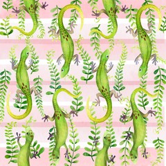background with watercolor illustration  of green geckos ang leaves  on pink stripes