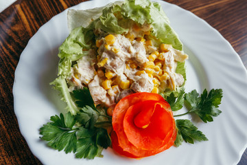 Fresh healthy salad in bowl and ingredients
