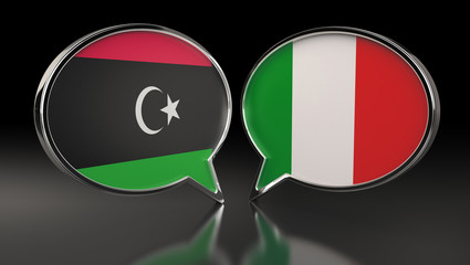 Libya and Italy flags with Speech Bubbles. 3D Illustration