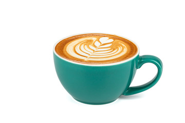 Side view of hot latte coffee with latte art in a dark green cup isolated on white background with clipping path inside.