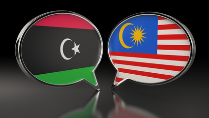 Libya and Malaysia flags with Speech Bubbles. 3D Illustration