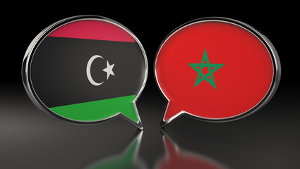 Libya and Morocco flags with Speech Bubbles. 3D Illustration