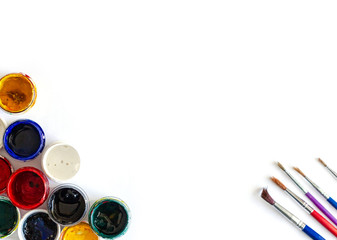 gouache paints and brushes on white background, isolated